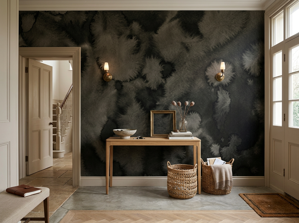Nocturne Lichen charcoal mural in an elegant townhouse entrance hall with a dark timber console table and brass sconces