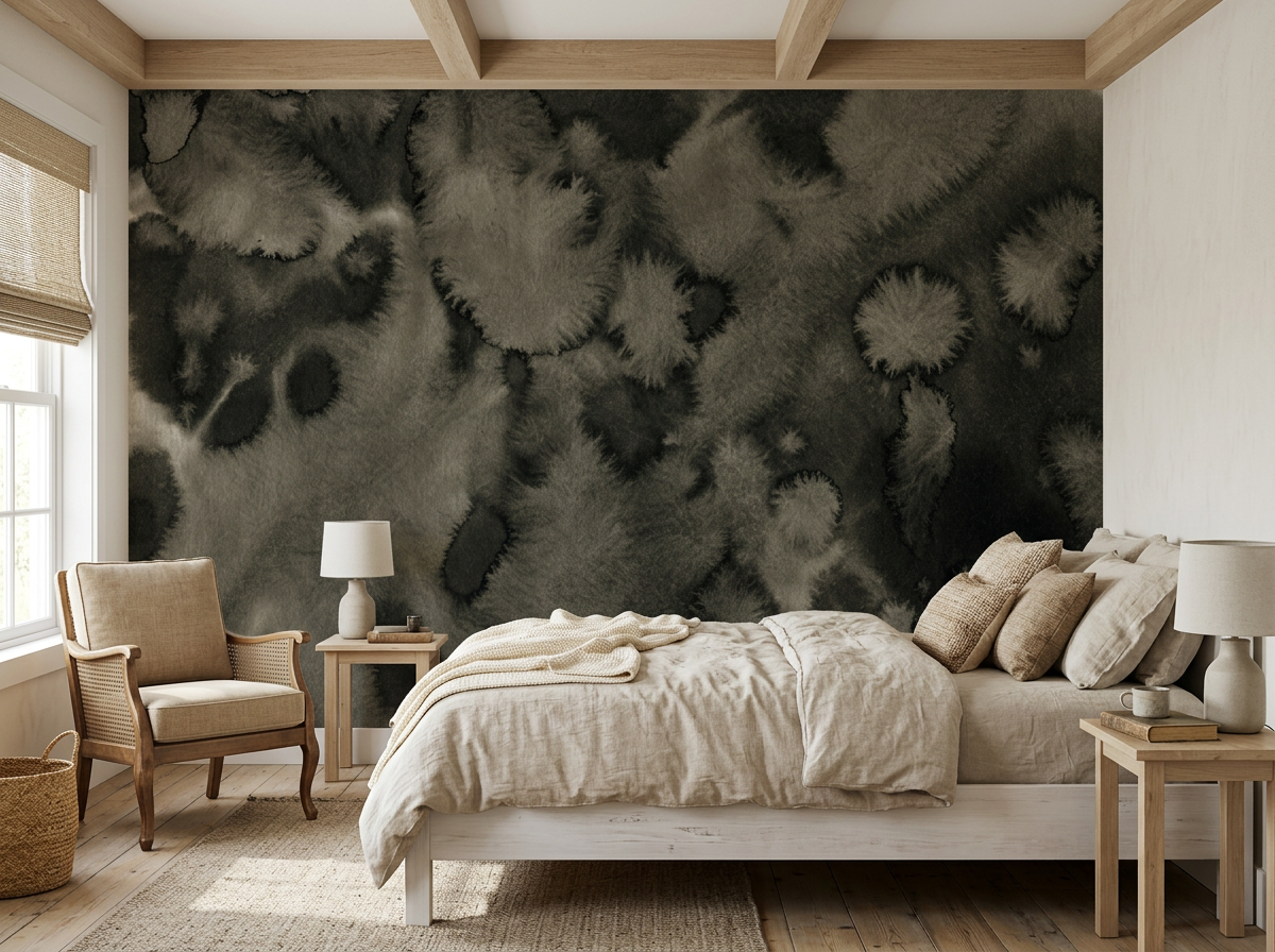 Nocturne Lichen mural behind a bed in a calm principal bedroom with a cane armchair and warm floor lamp
