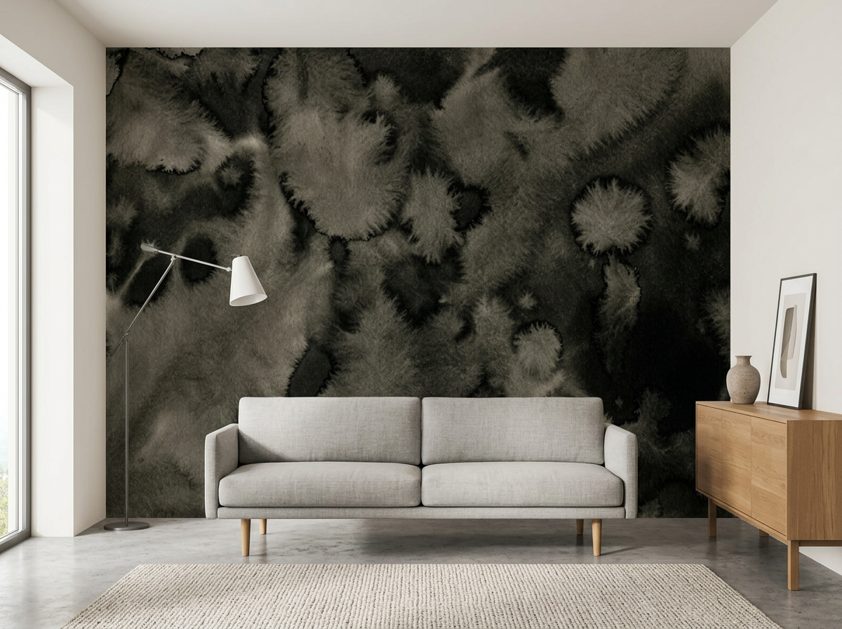 Nocturne Lichen mural in a contemporary lounge with a grey sofa, walnut sideboard and a brass floor lamp