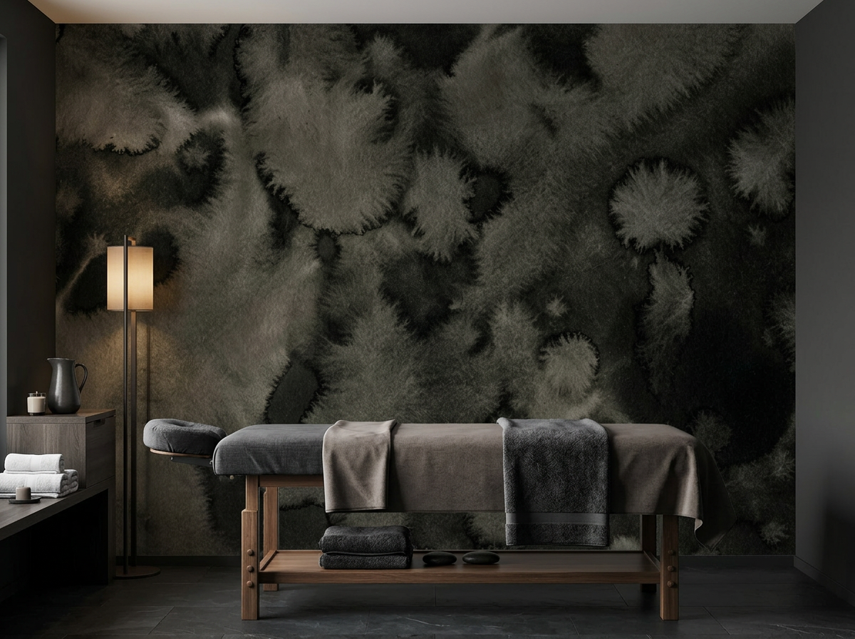 Nocturne Lichen mural on the feature wall of a spa treatment room with folded linens and a low treatment bed