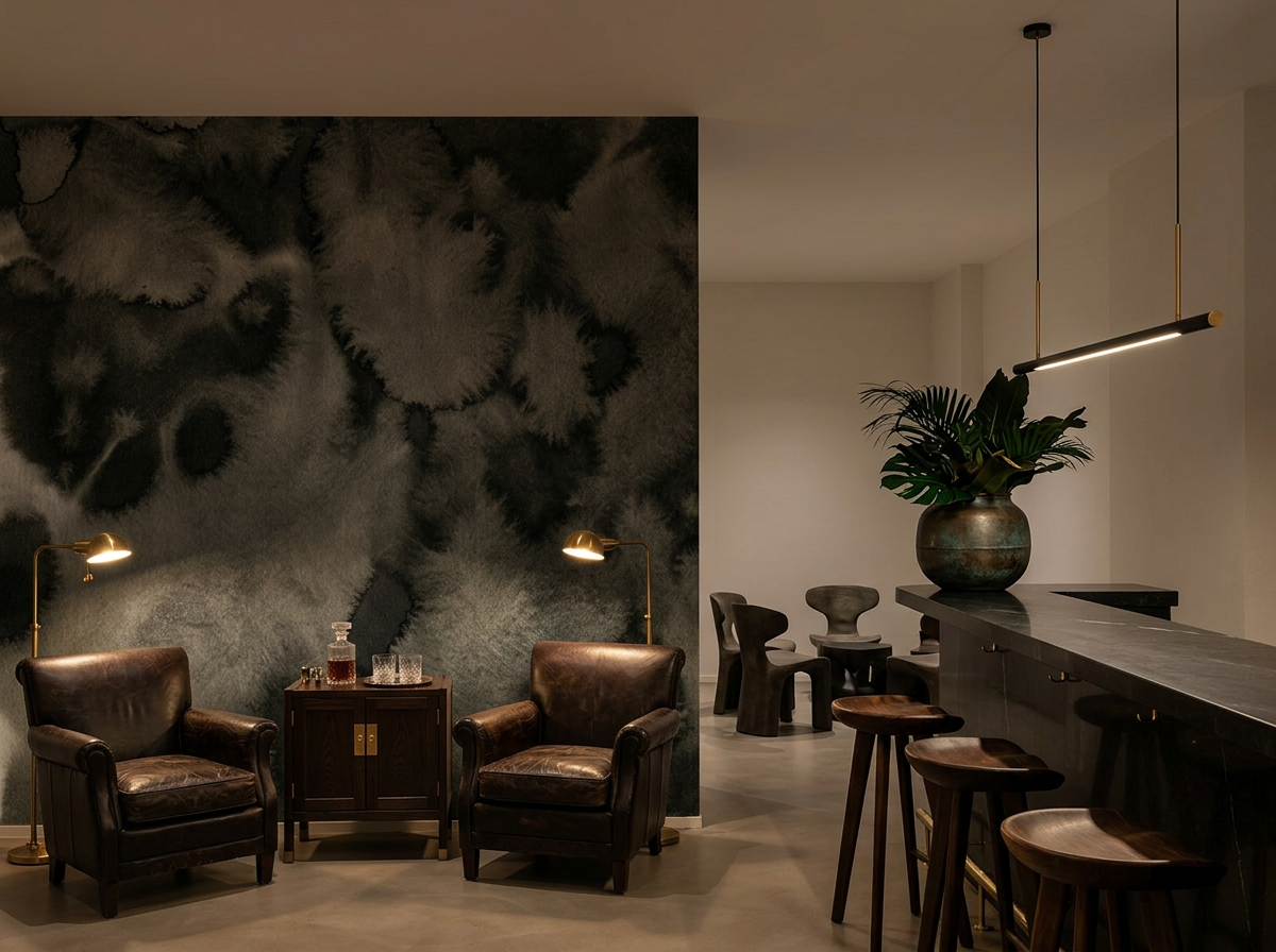 Nocturne Lichen mural in a private members' club lounge with deep leather club chairs and brass reading lamps