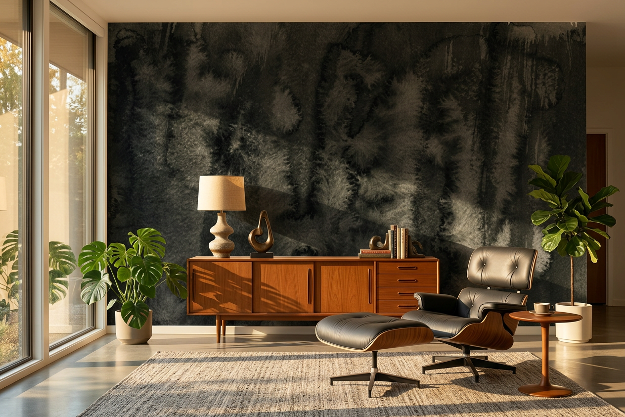 Nocturne Reed vertical charcoal mural in a mid-century living room with a walnut credenza