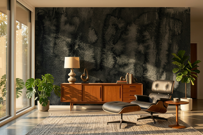 Nocturne Reed vertical charcoal mural in a mid-century living room with a walnut credenza