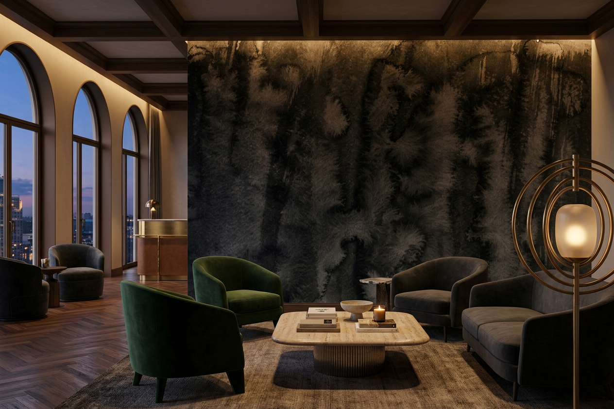 Nocturne Reed mural in a boutique hotel lobby lounge with velvet armchairs and arched windows