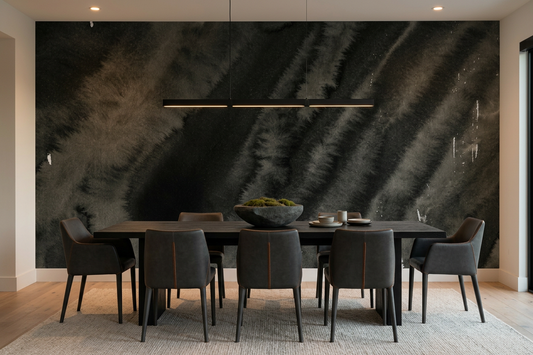 Nocturne Rill charcoal mural on a dark-modern dining room wall with a black timber table and linear pendant light