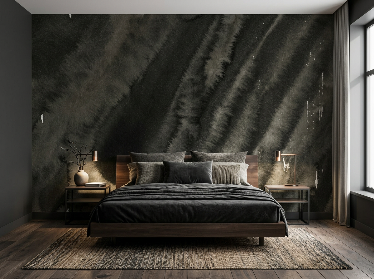 Nocturne Rill mural behind a low charcoal upholstered bed in a converted warehouse bedroom