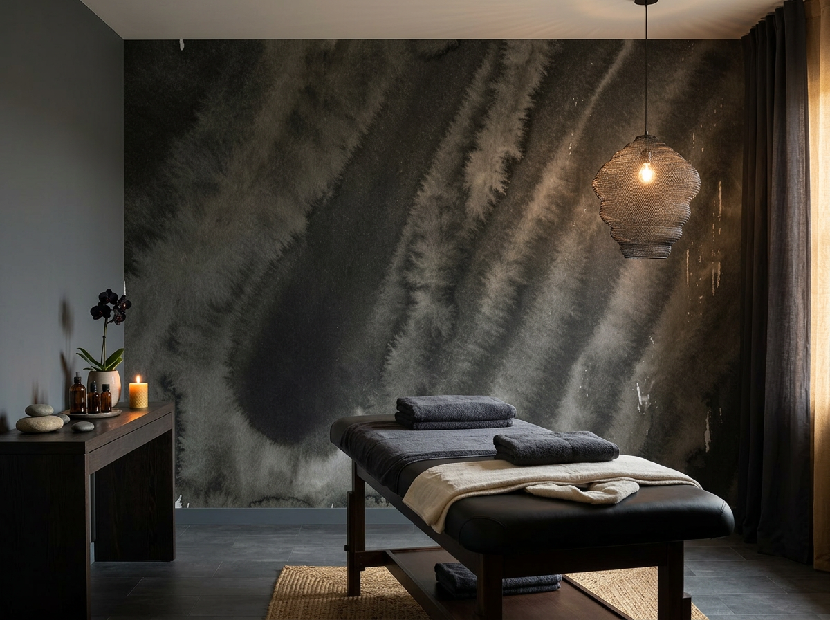 Nocturne Rill mural on the feature wall of a spa treatment room with a limewashed treatment bed and travertine floors