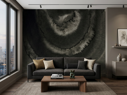 Nocturne Ripple charcoal mural behind a low walnut bed in a calm principal bedroom