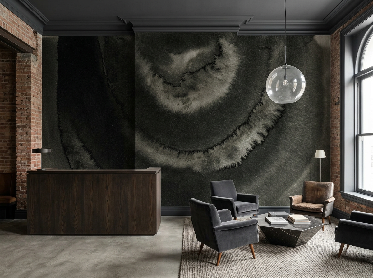 Nocturne Ripple mural on the feature wall of a boutique hotel lobby with a stone reception counter and tan leather lounge chairs