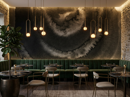 Nocturne Ripple mural in an intimate restaurant dining room with deep velvet banquette seating and brass detailing