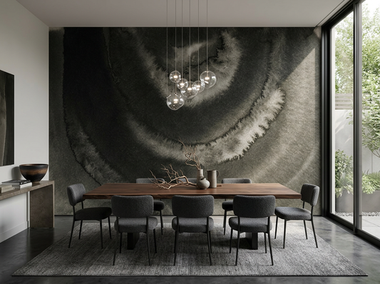 Nocturne Ripple mural in an intimate townhouse dining room with a dark timber table and sculptural pendant lighting