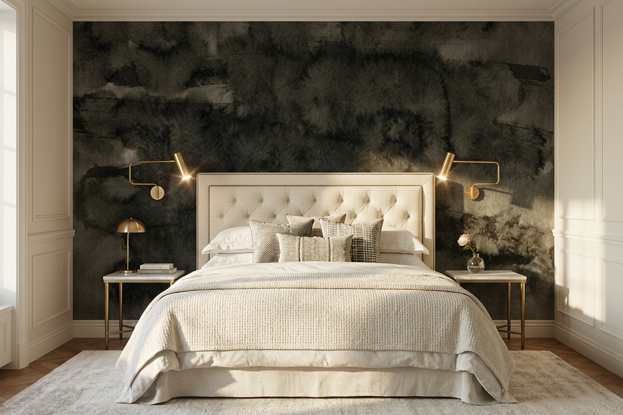 Nocturne Strata mural on a panelled bedroom wall with an ivory upholstered headboard
