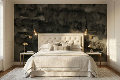 Nocturne Strata mural on a panelled bedroom wall with an ivory upholstered headboard