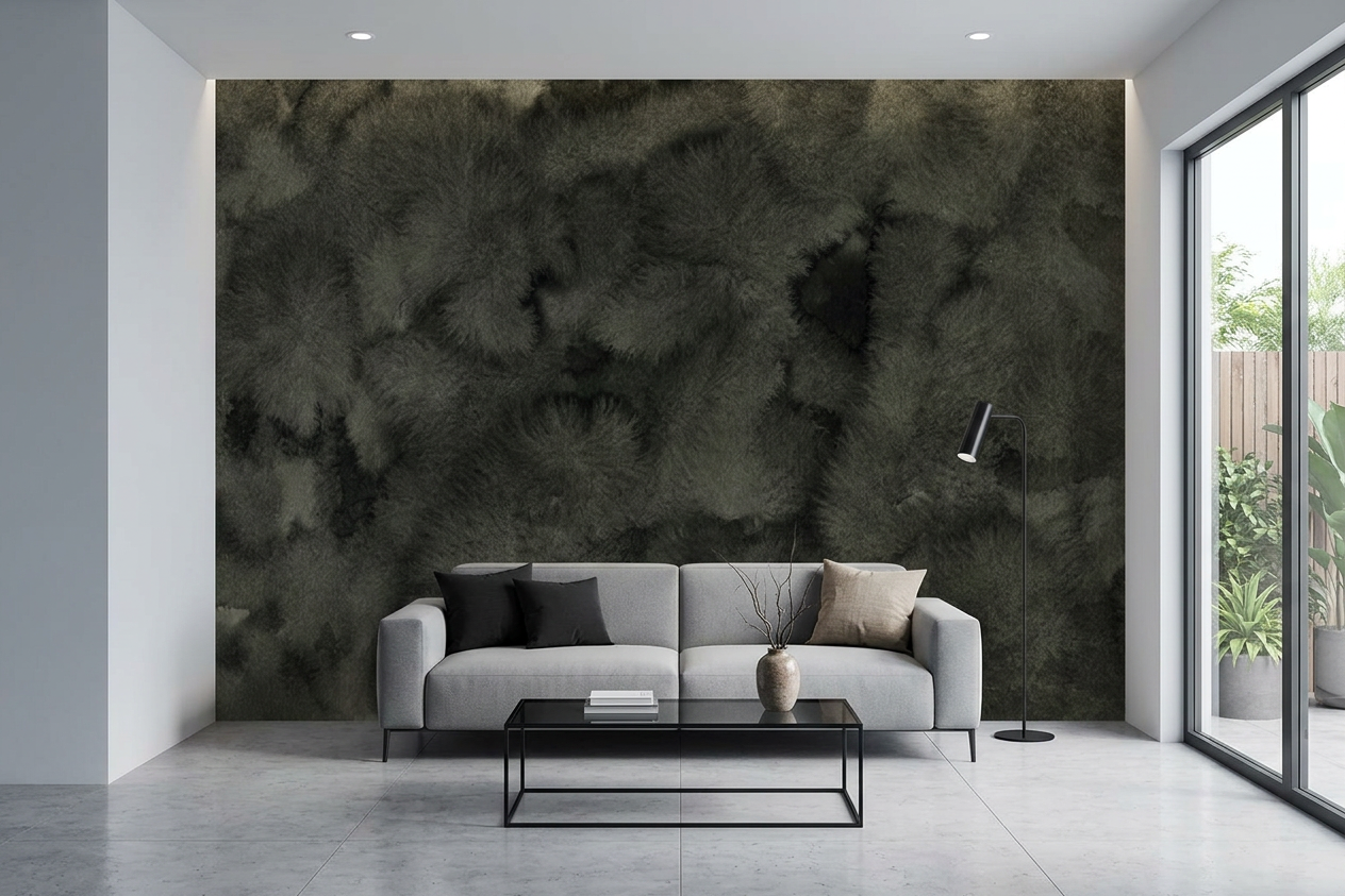 Nocturne Veil charcoal texture mural on a bedroom wall with an oatmeal upholstered headboard