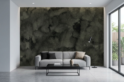 Nocturne Veil charcoal texture mural on a bedroom wall with an oatmeal upholstered headboard