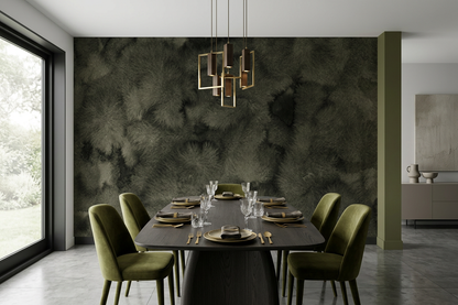 Nocturne Veil mural behind an oak dining table with sculptural pale chairs