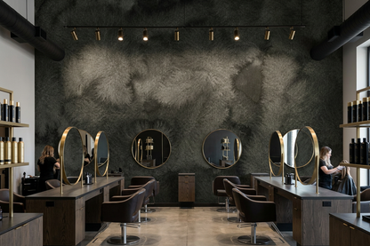 Nocturne Veil mural on the feature wall of a high-end hair salon with black-framed mirrors