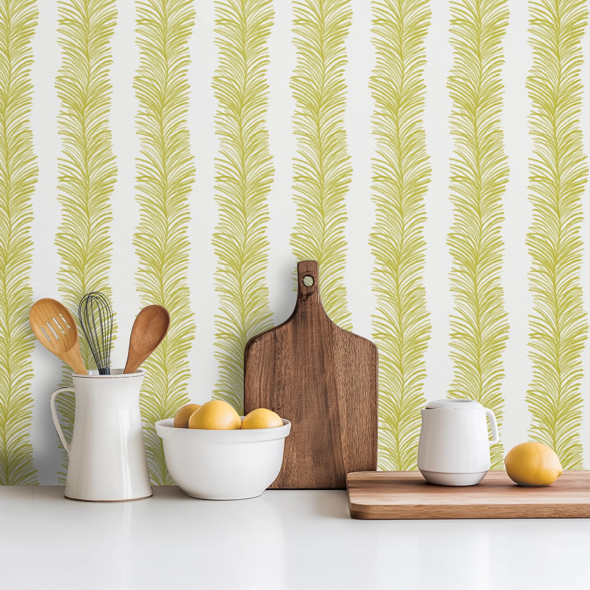Olive Ferns wallpaper in a fresh, bright kitchen