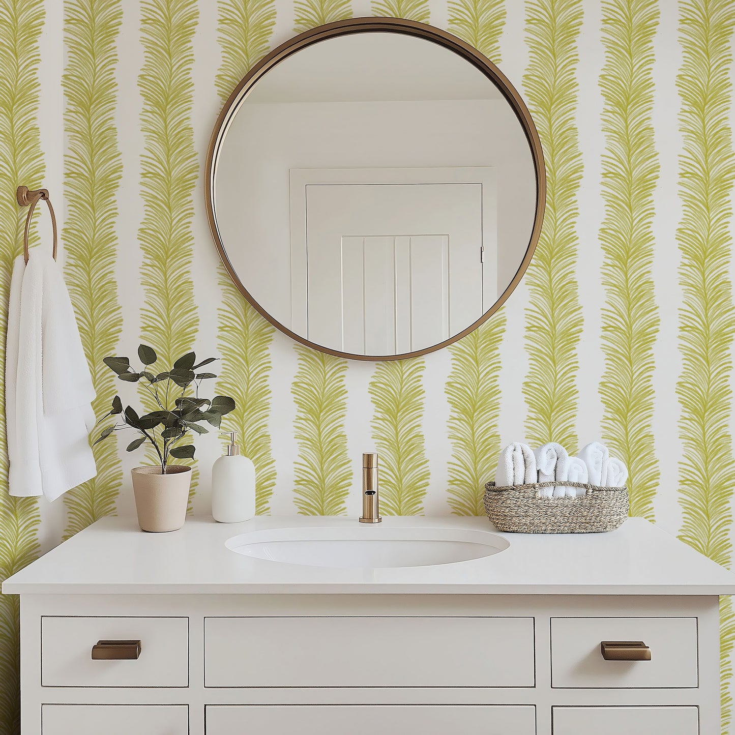 Olive Ferns wallpaper in a bathroom with white fixtures