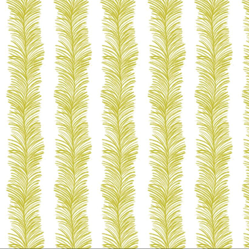 Olive Ferns wallpaper design — trailing fern fronds in rich olive-green on a soft white ground