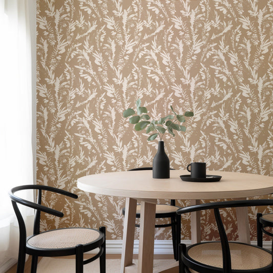 Organic Palm Stamp neutral sand palm-print wallpaper in a dining room
