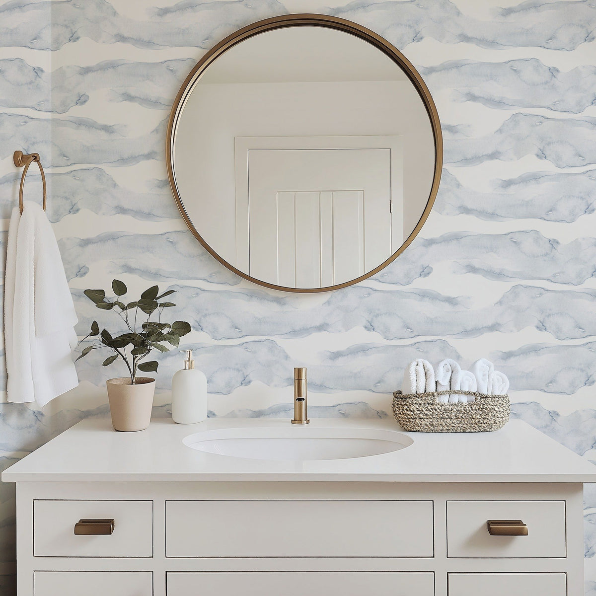 Overseas blue watercolor coastal wallpaper in a bathroom