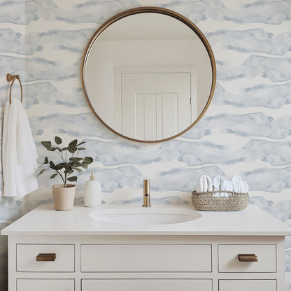 Overseas blue watercolor coastal wallpaper in a bathroom