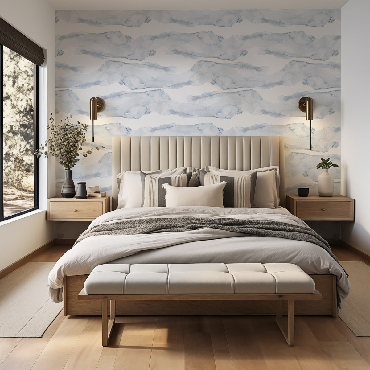 Overseas blue watercolor coastal wallpaper in a bedroom