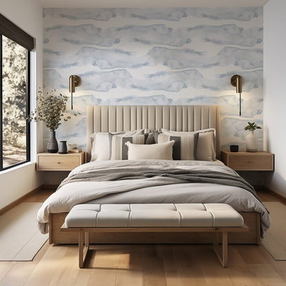 Overseas blue watercolor coastal wallpaper in a bedroom