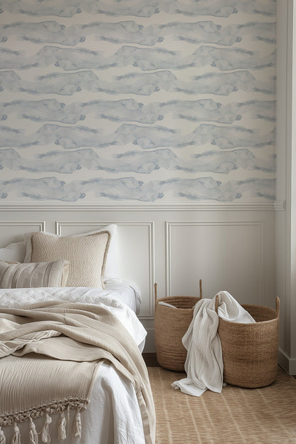 Overseas blue watercolor coastal wallpaper in a bedroom