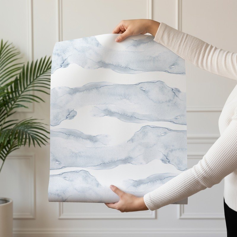 Overseas blue watercolor coastal wallpaper shown on a single wallpaper drop