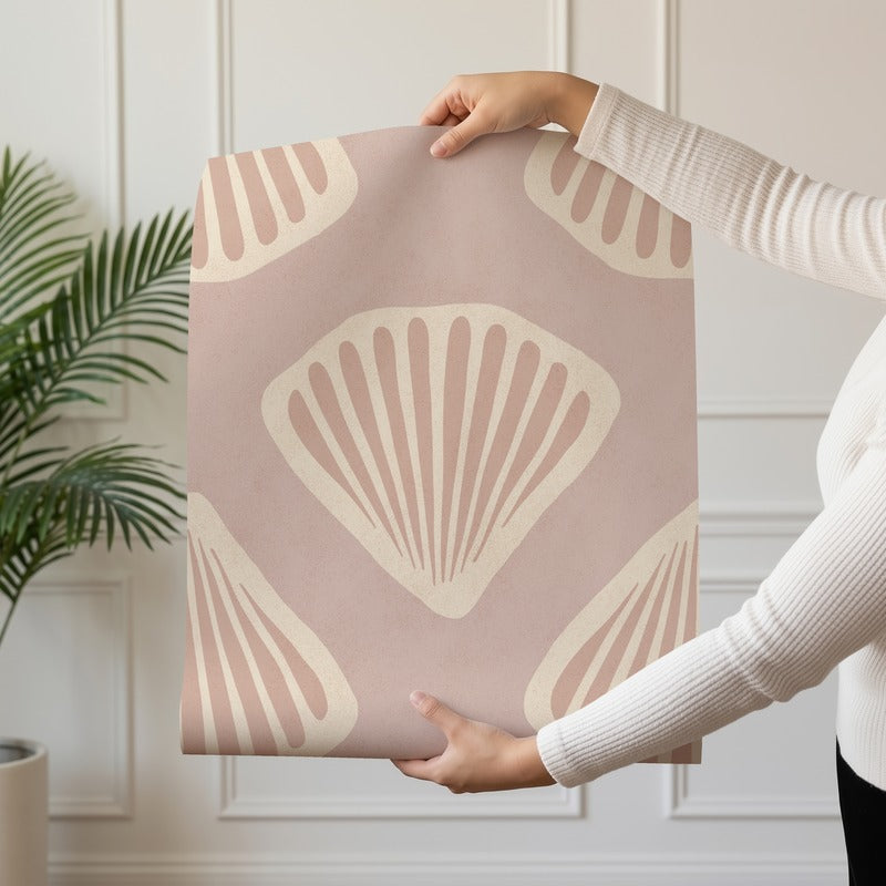Pearl Tide wallpaper roll drop showing the blush beaded stripe repeat
