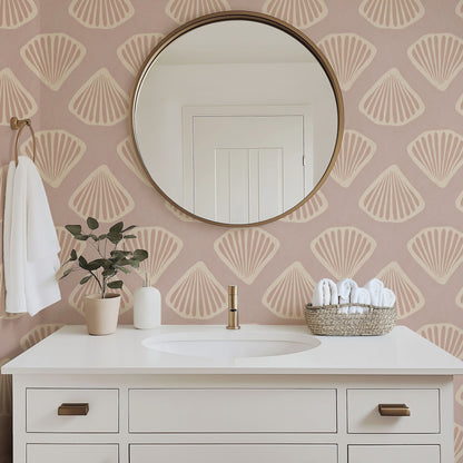 Pearl Tide soft blush wallpaper in a bright bathroom with white fixtures