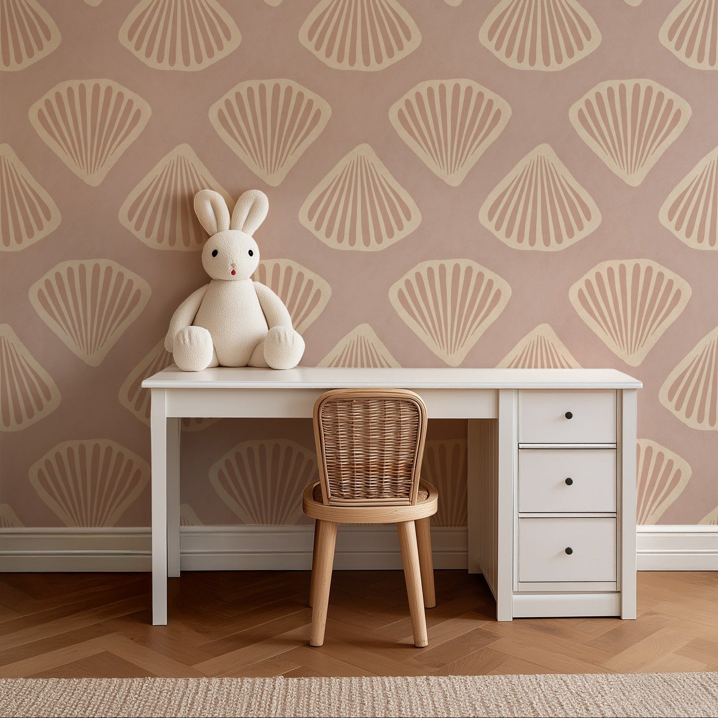 Pearl Tide wallpaper behind a child's desk in a soft study corner