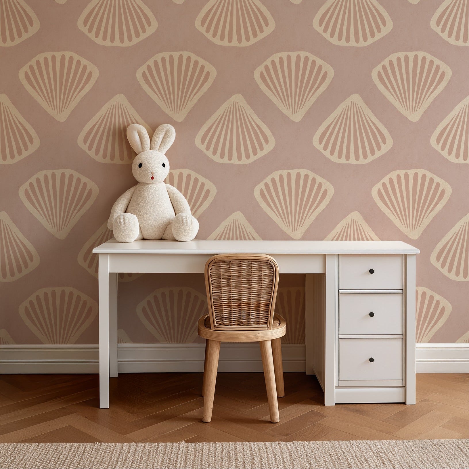Pearl Tide wallpaper behind a child's desk in a soft study corner