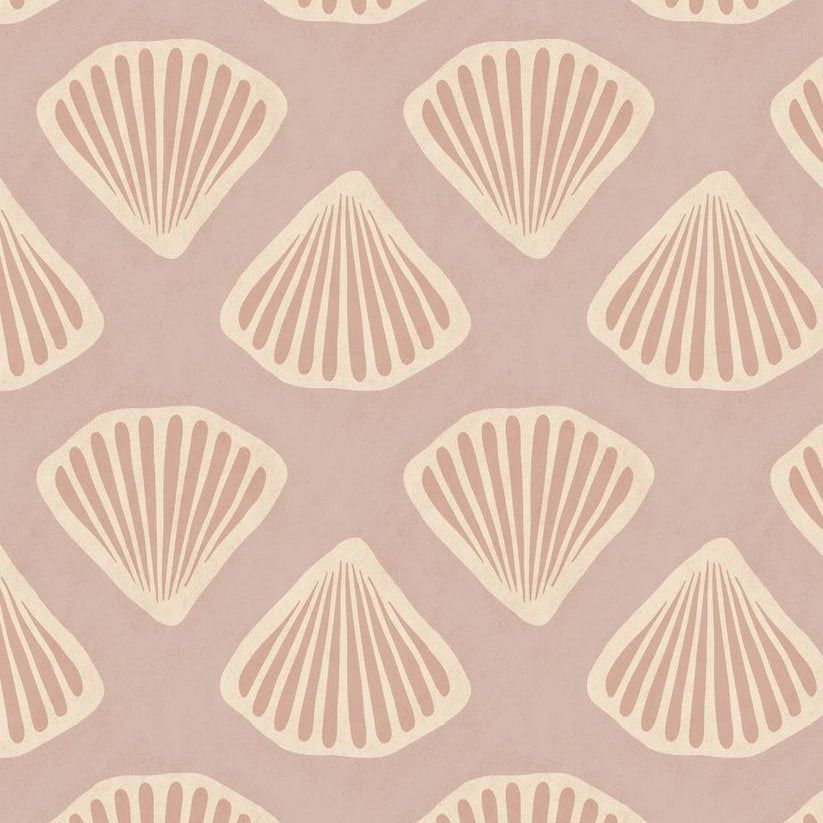 Pearl Tide wallpaper design — soft beaded vertical stripe in dusty blush-pink on a pale pearl ground