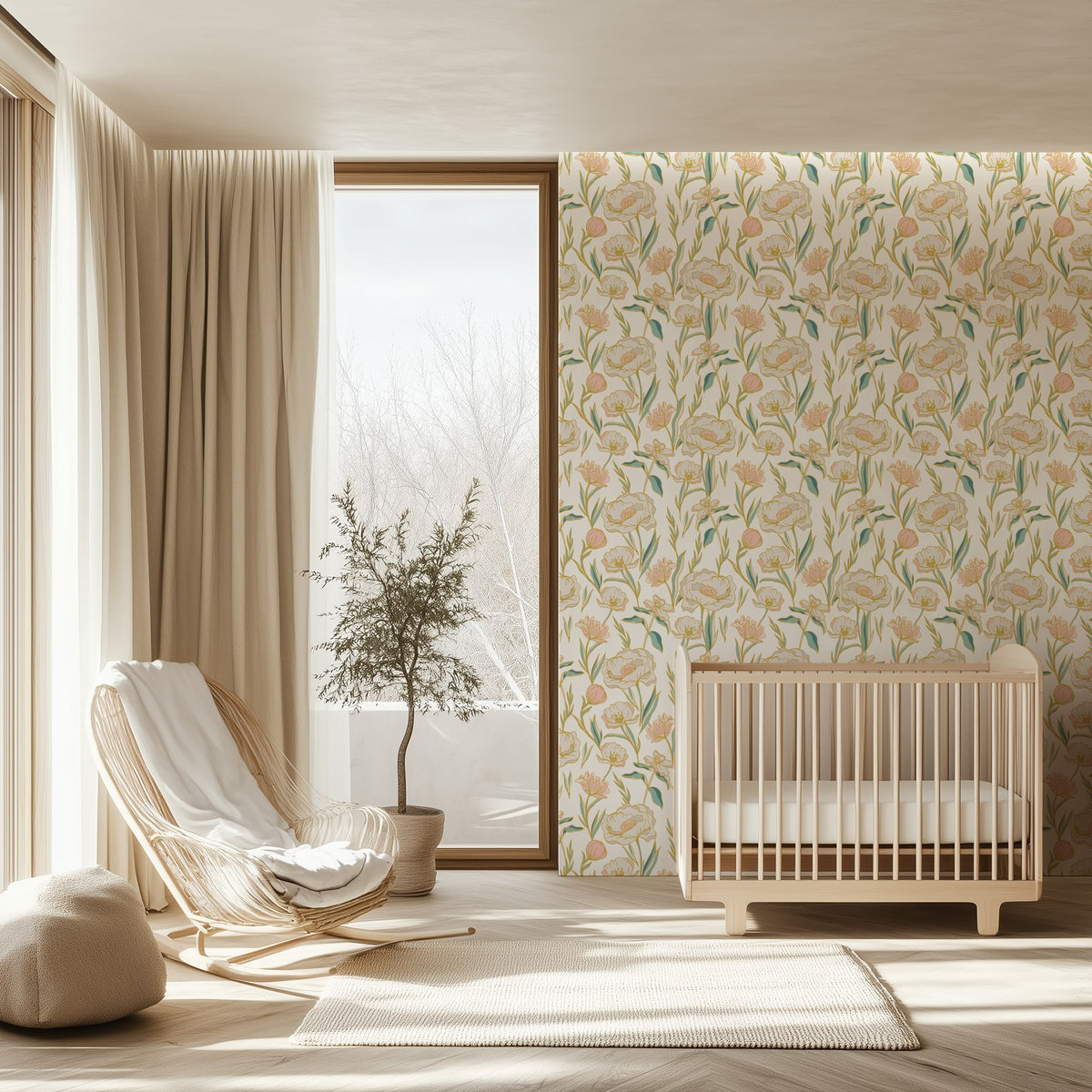 Peony Bloom line-art floral wallpaper in a bright playroom
