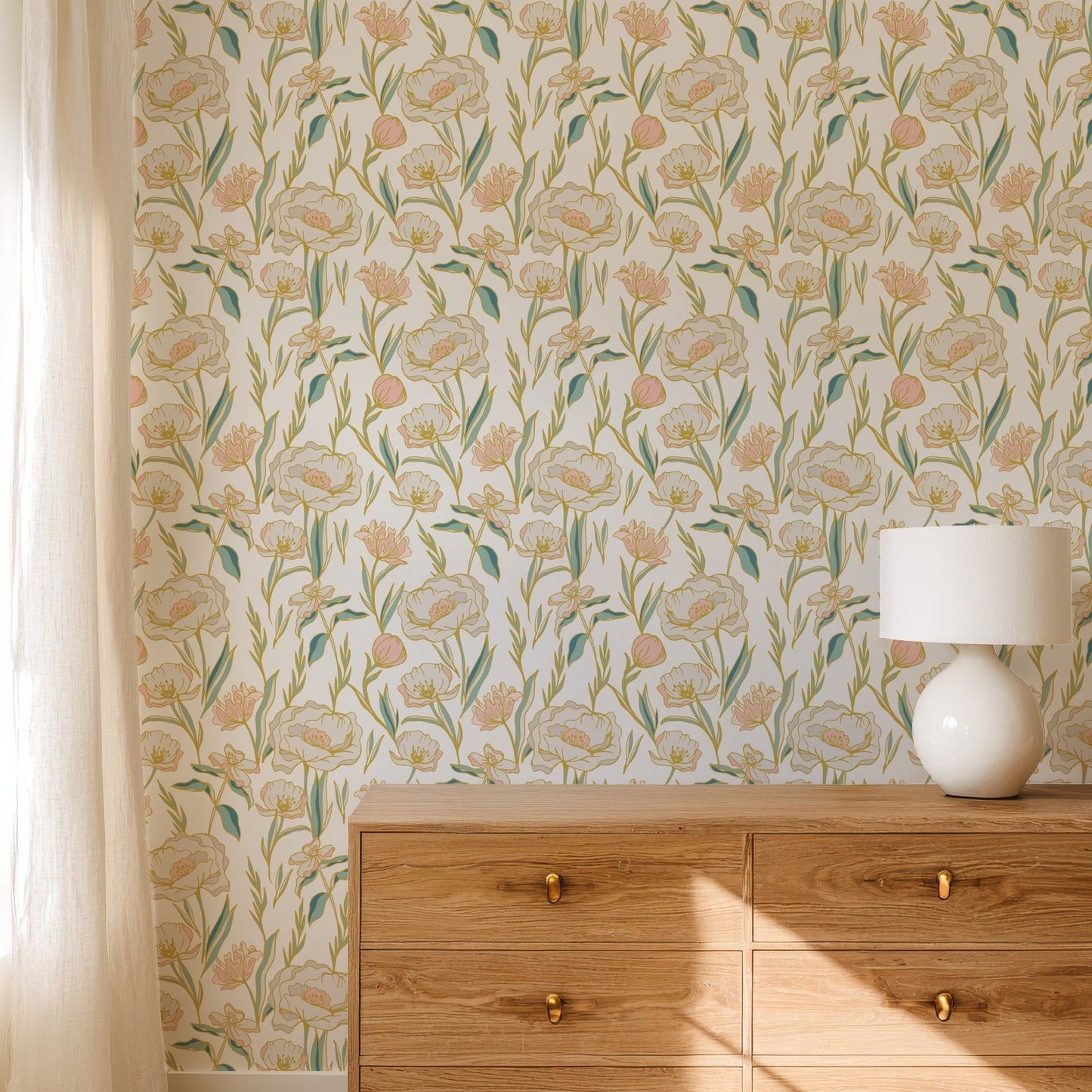 Peony Bloom elegant floral wallpaper in a calm bedroom