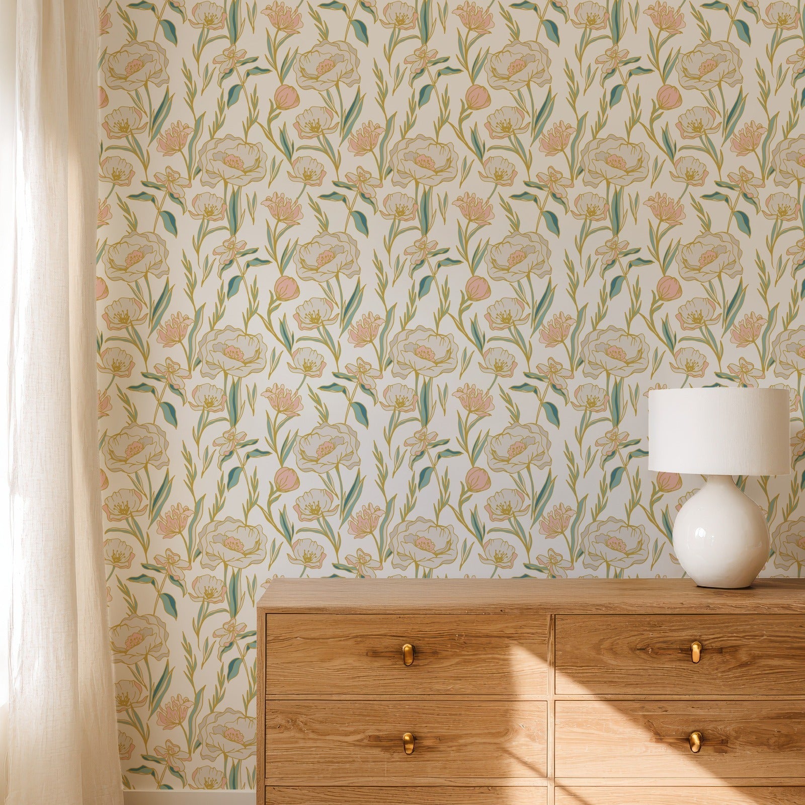 Peony Bloom elegant floral wallpaper in a calm bedroom