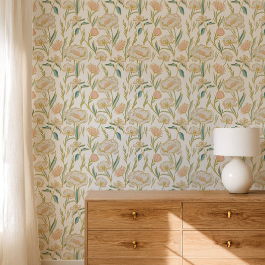 Peony Bloom elegant floral wallpaper in a calm bedroom