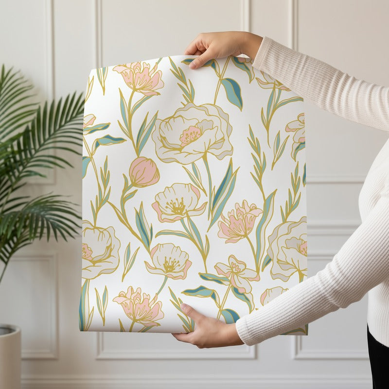 Peony Bloom wallpaper roll drop showing the gold-line peony repeat