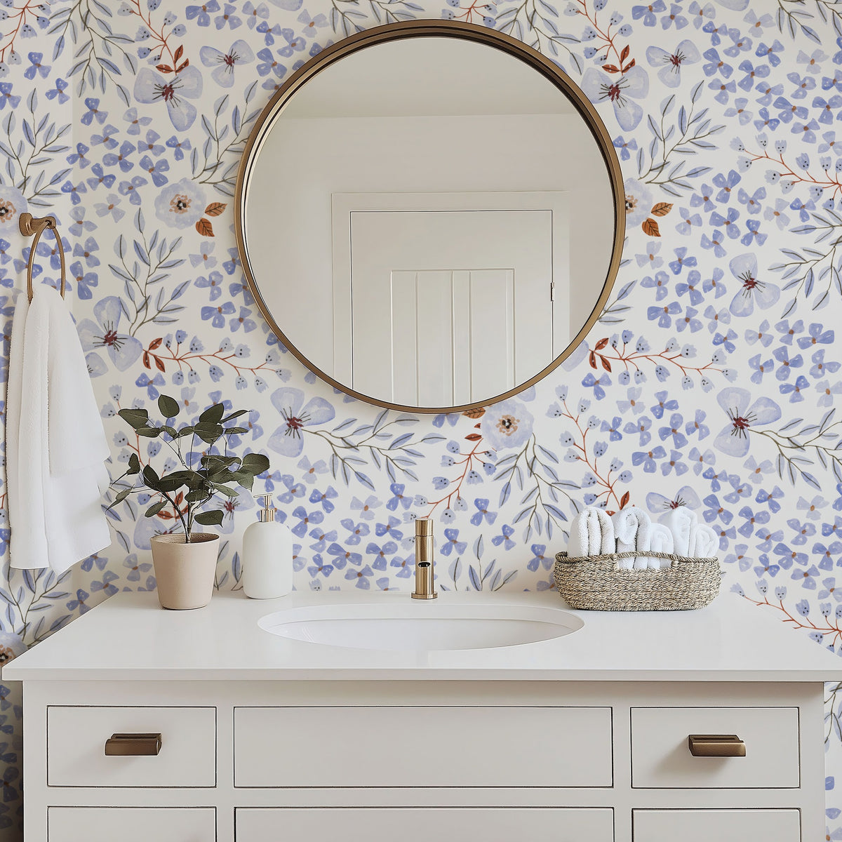 Periwinkle Spring blue floral wallpaper in a bright bathroom