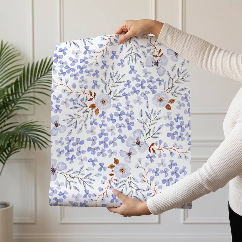 Periwinkle Spring wallpaper design — periwinkle-blue watercolour blossoms with rust branches on white