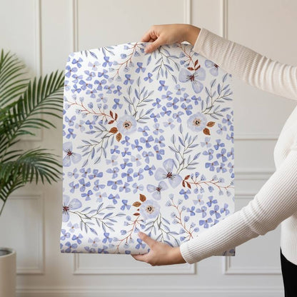Periwinkle Spring wallpaper design — periwinkle-blue watercolour blossoms with rust branches on white