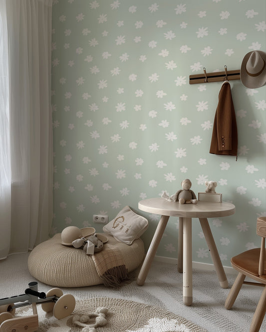 Petal Play white daisy wallpaper in a children's room