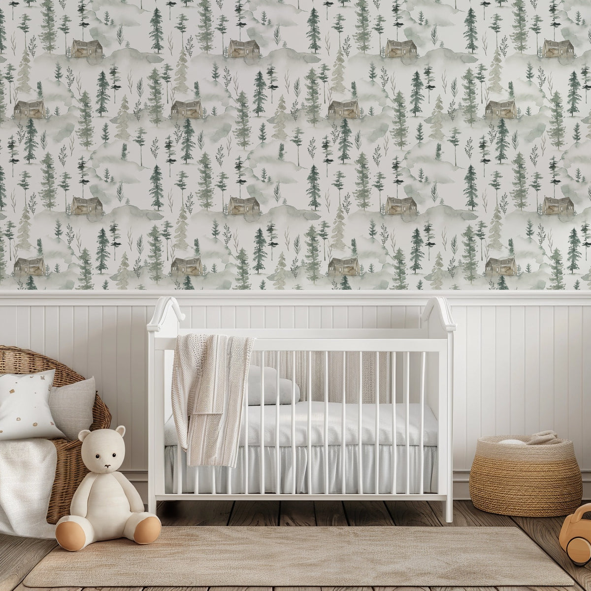 Pineta forest wallpaper above white panelling in a nursery with a cot and a toy bear
