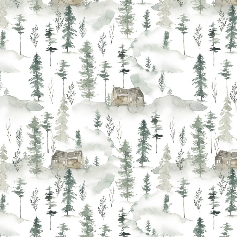 Pineta wallpaper design, watercolour pine trees, mist and small cabins on white