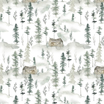 Pineta wallpaper design, watercolour pine trees, mist and small cabins on white