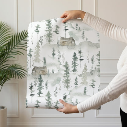 Pineta wallpaper roll drop showing the misty pine forest repeat