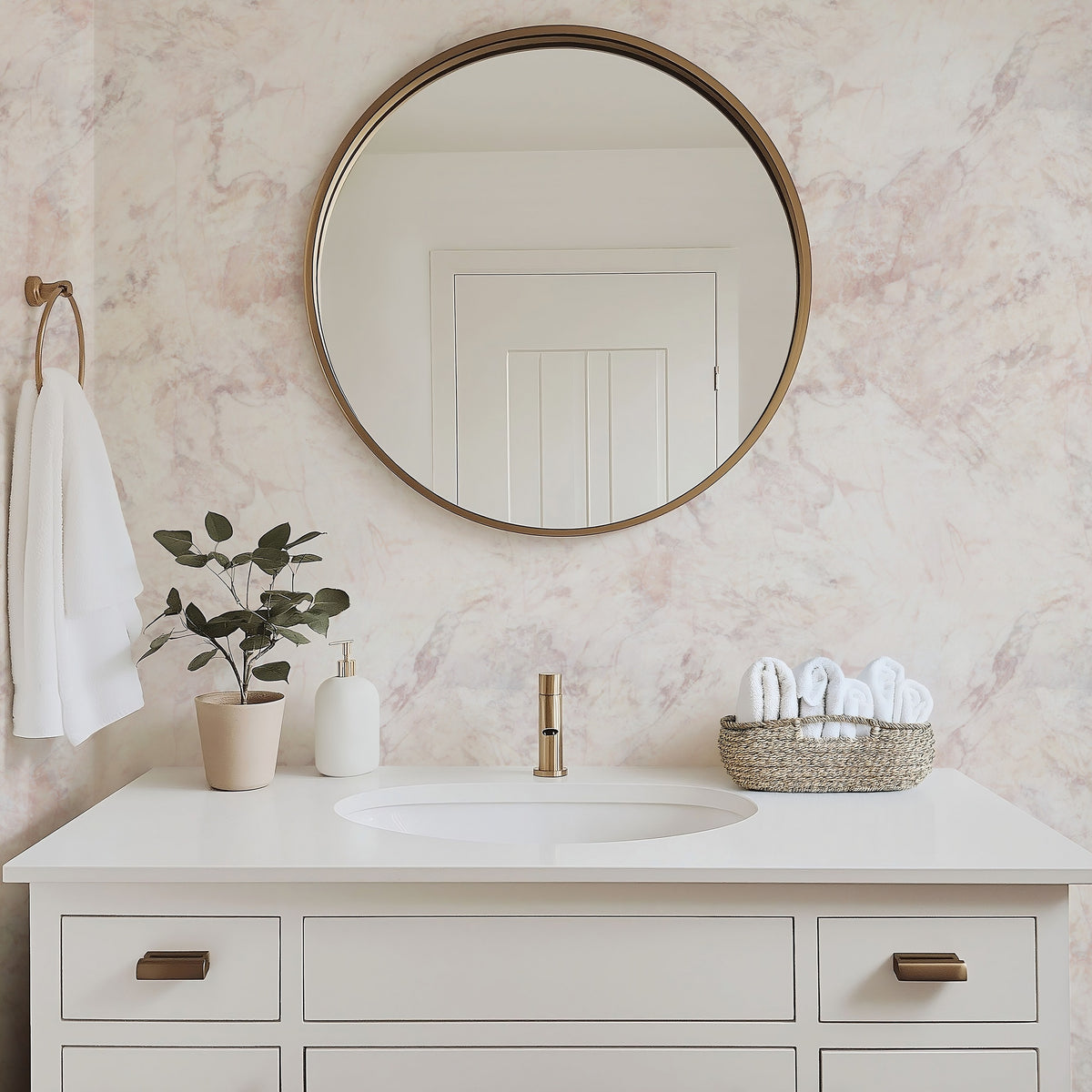 Pink Marble rose-toned marble-effect wallpaper in a bathroom